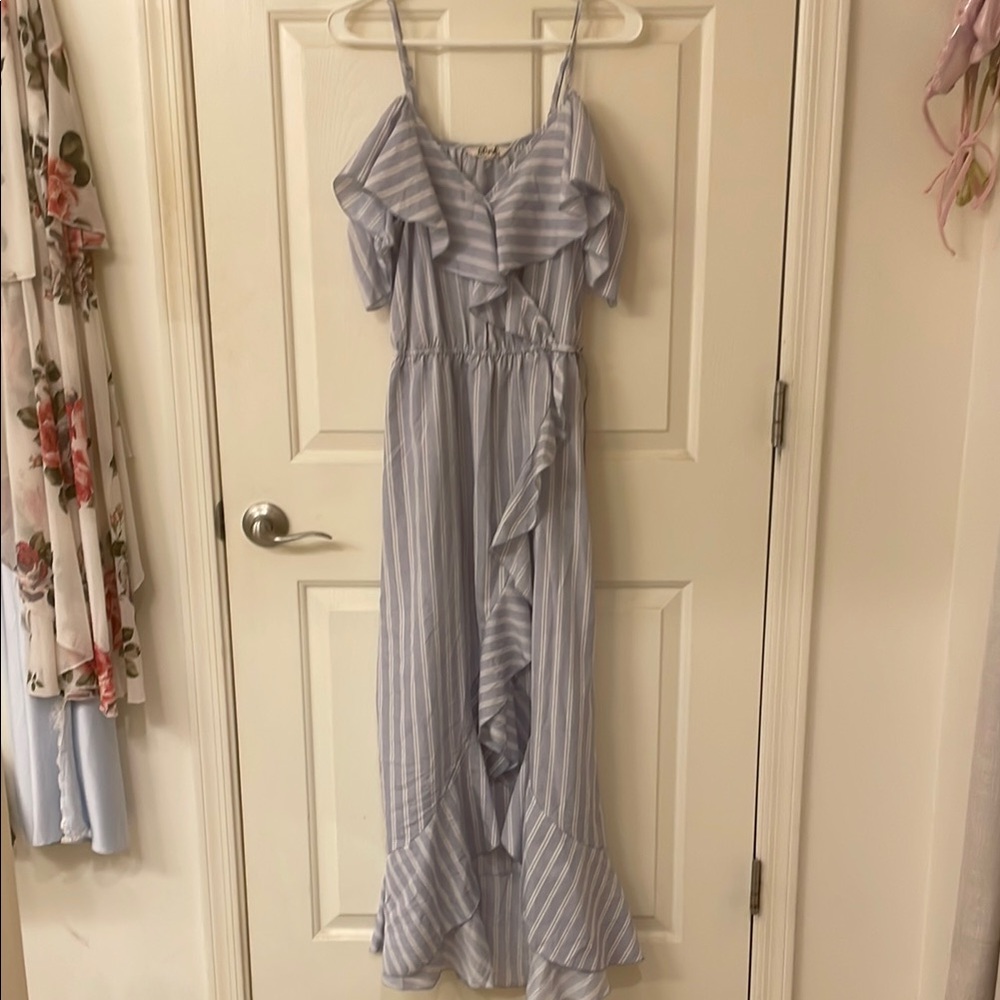 Hint of Blush Blue and White Asymmetrical Ruffled Sundress